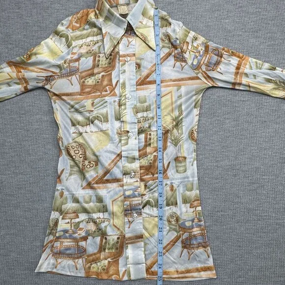 Vintage 70s Long Sleeve Collared Shirt With Retro Interior Design Print Size 7/8 - Picture 9 of 11